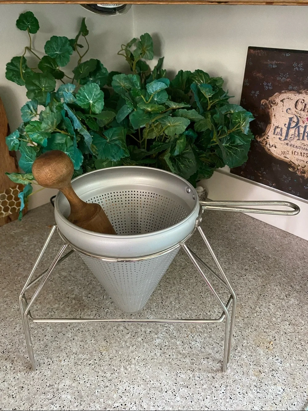 Vintage Cone Sieve, Wooden Pestle & Aluminum Stand
